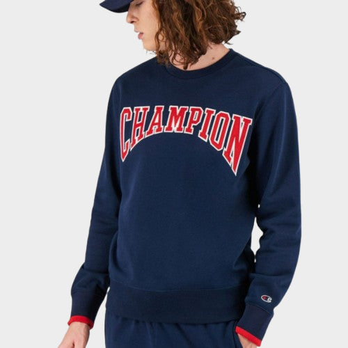 CHAMPION COTTON BLEND SWEATSHIRT WITH FRONT LOGO LETTERING - NAVY